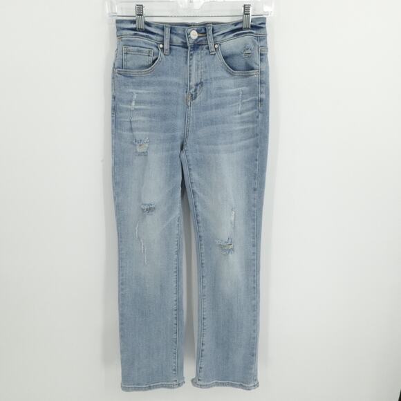 Risen Jeans Women 1/25 Blue Denim Distressed Straight Leg Raw Hem Casual Classic - Picture 1 of 14